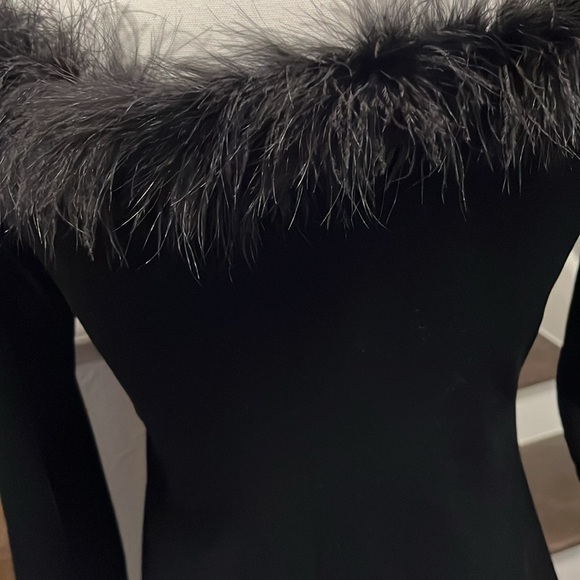 Carabella Black Dress. Scoop neckline trimmed in feathers. Long sleeves feathers - Picture 7 of 12